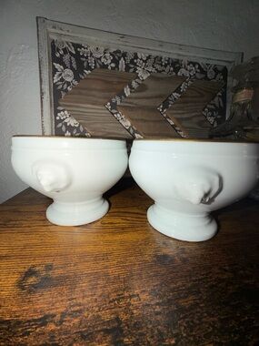 Apilco French white porcelain serving Soup Tureen Bowls With Lion Head Set Of 2